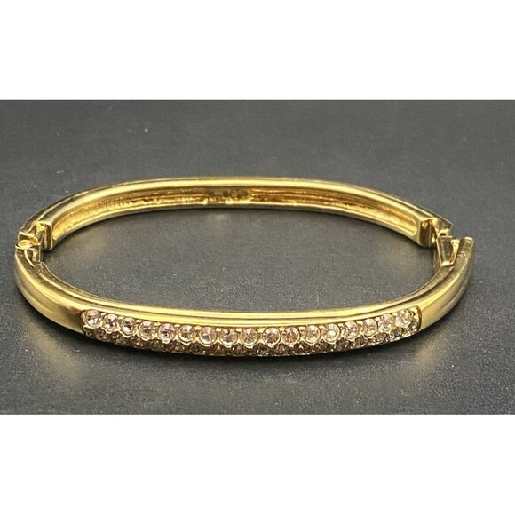 Swarovski Bangle Bracelet Hinged Oval Yellow Gold Plated Crystal Swan Signed - Picture 1 of 11